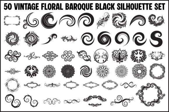 50 Vintage Floral Baroque Black Silhouettes Graphics