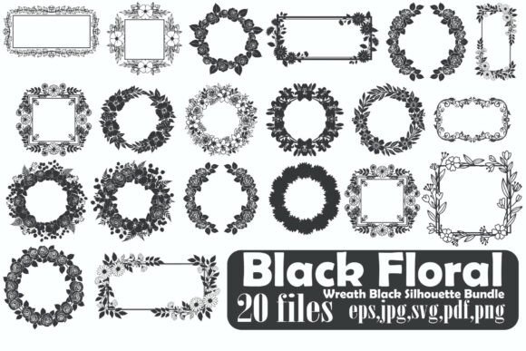 Black Floral Frame Wreath Silhouette Set