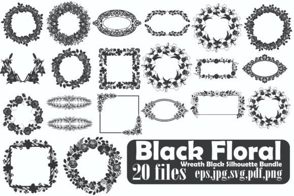 Black Floral Wreath Frame Silhouette Set: Graphics & Illustrations