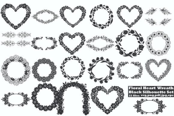 Floral Heart Wreath Black Silhouette Set: Graphics & Illustrations for Romantic Branding