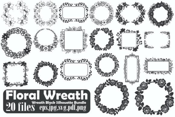 Floral Wreath Frame Black Silhouette Set: Graphics & Illustrations