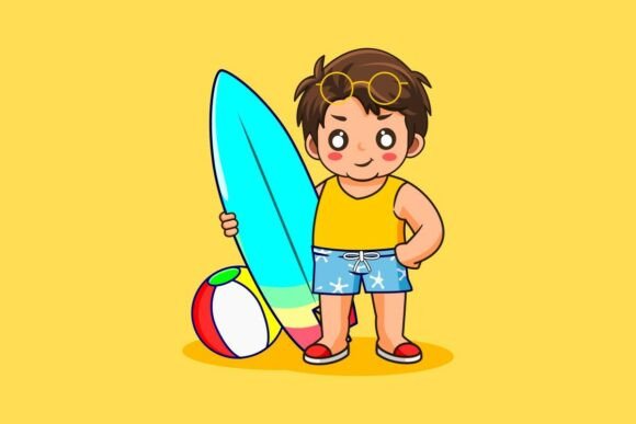 Happy Cartoon Boy with Surfboard on Beach Graphics