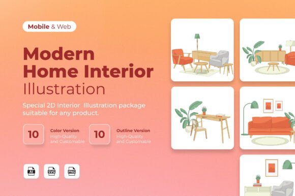 Modern Home Interior Icons: Clean Graphics & Illustrations