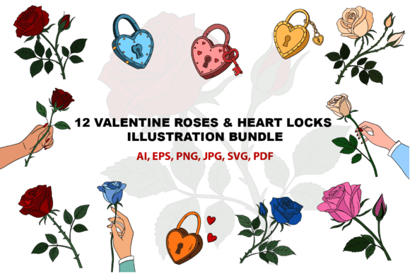 Valentine Roses Heart Locks Bundle Set: Graphics & Illustrations