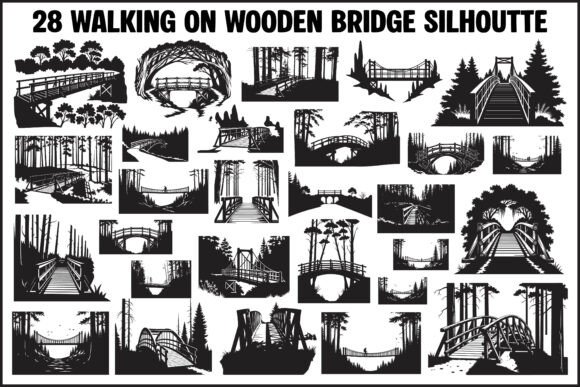 Walking on Wooden Bridge Silhouette Graphics